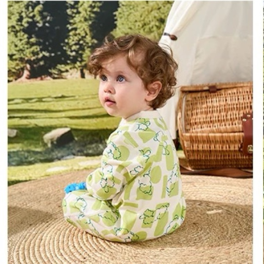 Green and White Baby Onesie with Sheep Pattern